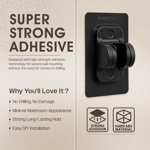 Self Adhesive Jet Spray & Hand Shower Holder For Bathroom (Black) | Chrome Finish ABS Faucet Holder With 45° Tilt | No Drill Easy To Install Wall Mount | Water Resistant & Durable