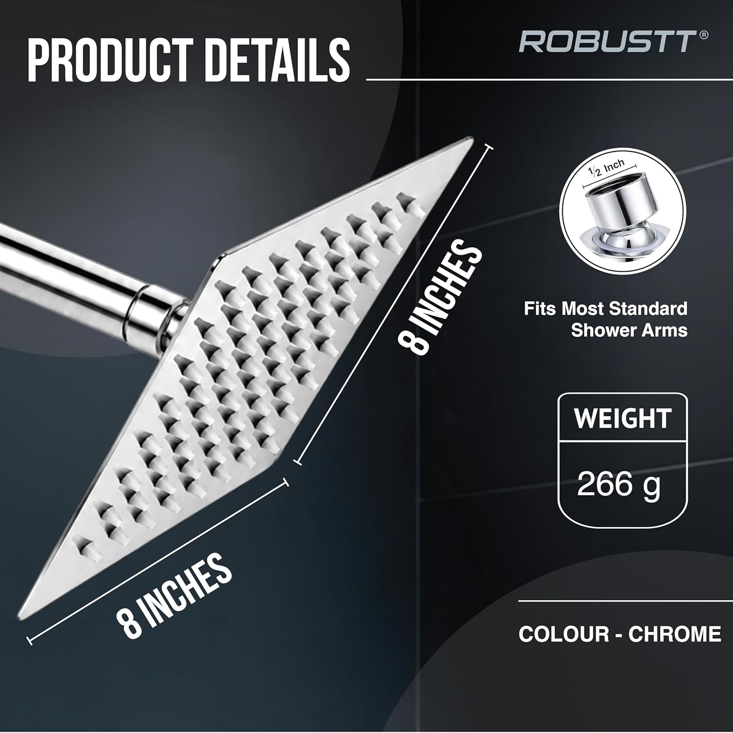 Robustt Square Shower head with arm - weight of 266g