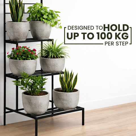 4 Tier Metal Plant Stand with Trellis & Hanging Rod | Black | Heavy Duty, Rust-Resistant Plant Rack for Indoor Living Room & Outdoor Balcony