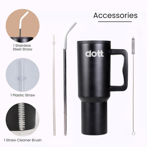 Dott Essentinals Tumbler with 2 Reusable Straws & Cleaning Brush | 1200ml Capacity |Black| Double-Walled Insulation for Hot & Cold Drinks | Stainless Steel |Perfect for Gym, Home & Travelling