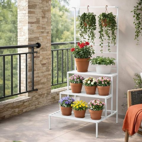 4 Tier Metal Plant Stand with Trellis & Hanging Rod | White | Heavy Duty, Rust-Resistant Plant Rack for Indoor Living Room & Outdoor Balcony