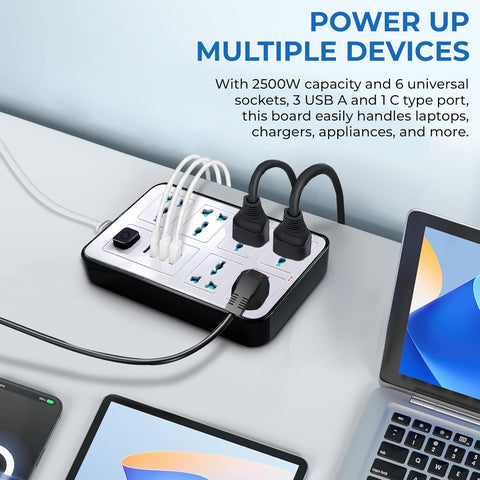 Robustt 6‑Outlet Extension Board with 3 USB & 1 Fast Charging Type-C Port | 1.7 m Cable | Wall Mountable Extension Board with On/Off Switch | 2500W Multi Plug Extension Cord for Home & Office