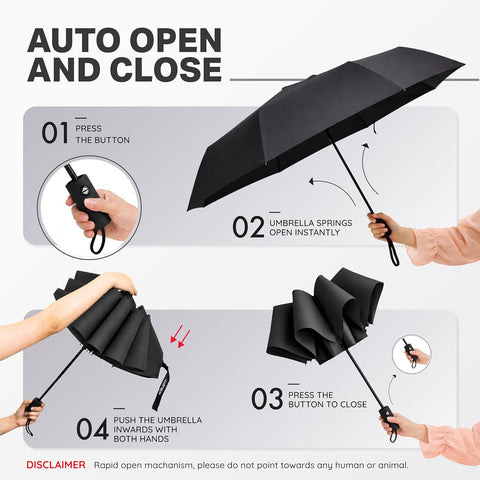 Wind Resistant Waterproof Umbrella - Black | Auto Open & Close Mechanism | Lightweight & Compact | Heavy Duty | Travel- Friendly