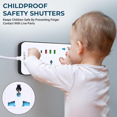 Robustt 6‑Outlet Extension Board with 3 USB & 1 Fast Charging Type-C Port | 1.7 m Cable | Wall Mountable Extension Board with On/Off Switch | 2500W Multi Plug Extension Cord for Home & Office