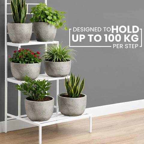4 Tier Metal Plant Stand with Trellis & Hanging Rod | White | Heavy Duty, Rust-Resistant Plant Rack for Indoor Living Room & Outdoor Balcony