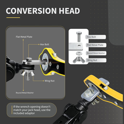 Labor Saving 13 Inch Car Jack Ratchet Wrench| 360° Forward & Reverse Knob| Conversion Head Included | Curve Handle Car Lift Tool For Scissors Jack | Heat-Treated Steel Ratchet Lug Wrench