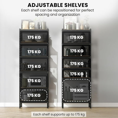 6-Tier Multipurpose Storage Rack | Bolt-Free Assembly | Metal Stand With Thick MDF Board | 175kg Capacity Per Shelf | 72x16x16 Inch Adjustable Shelf Rack for Home, Garage & Shop | Black