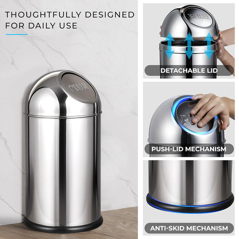 Robustt Stainless Steel Push Can Dustbin 30L | 11 (W) × 29.6 (H) In | Push Lid Trash Can for Bathroom, Kitchen, Bedroom & Office | Rustproof Steel Bin with Anti-Skid Base for Home & Commercial Use
