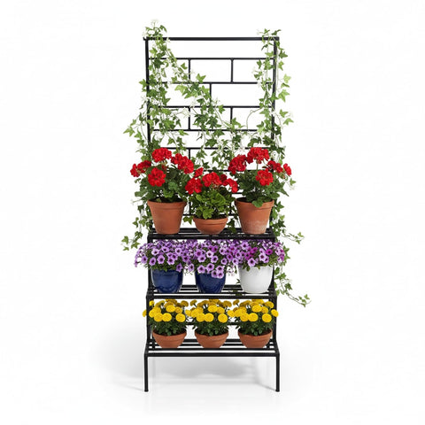 4 Tier Metal Plant Stand with Trellis & Hanging Rod | Black | Heavy Duty, Rust-Resistant Plant Rack for Indoor Living Room & Outdoor Balcony