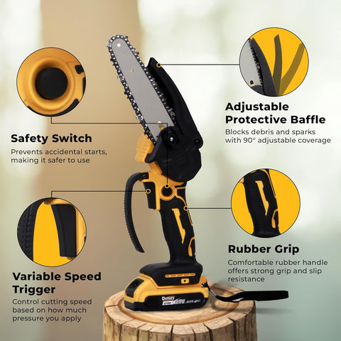 Robustt Handheld Cordless Chainsaw Machine with Safety Lock | 2 Rechargeable 21V Lithium Batteries With Charger | Super Sharp Wood Cutting Machine Chain | Overheating Protection Brushless Motor