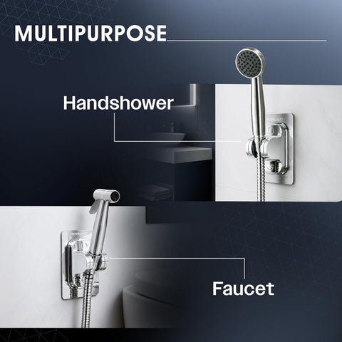 Self Adhesive Jet Spray & Hand Shower Holder For Bathroom (Silver) | Chrome Finish ABS Faucet Holder With 45° Tilt | No Drill Easy To Install Wall Mount | Water Resistant & Durable