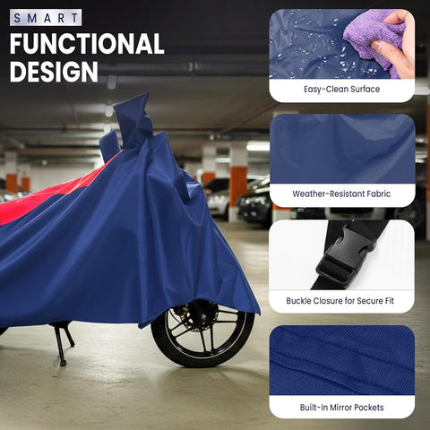 Two wheeler cover with weather resistant fabric & built in mirror pockets