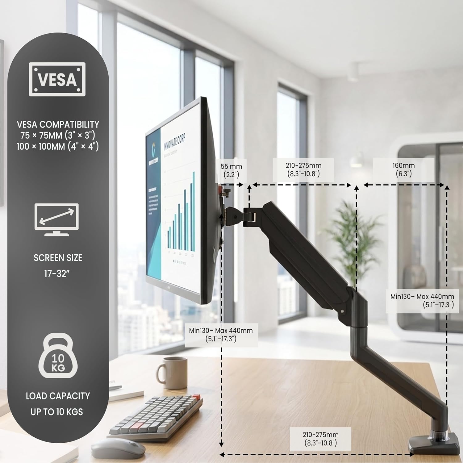 Single Arm Gas Spring Monitor Stand VESA compatibility