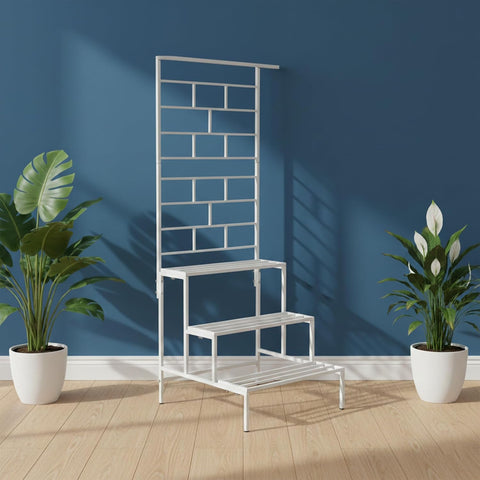 4 Tier Metal Plant Stand with Trellis & Hanging Rod | White | Heavy Duty, Rust-Resistant Plant Rack for Indoor Living Room & Outdoor Balcony