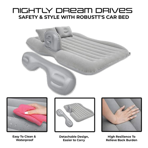 Robustt Car Bed for Back Seat | Inflatable Bed with 2 Air Pillow & Air Pump | Universal Size | Fits in All Car Model | Portable Car Bed | Car Bed For Kids, Travel, Trips, Camping, Picnic, Pool & Beach - Grey
