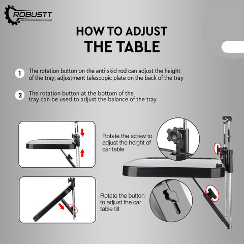 Robustt Multipurpose Car Tray | Black | ABS Material| Easy Installation | Adjustable Angles | Versatile  Use for holding food, drinks, laptops, and more