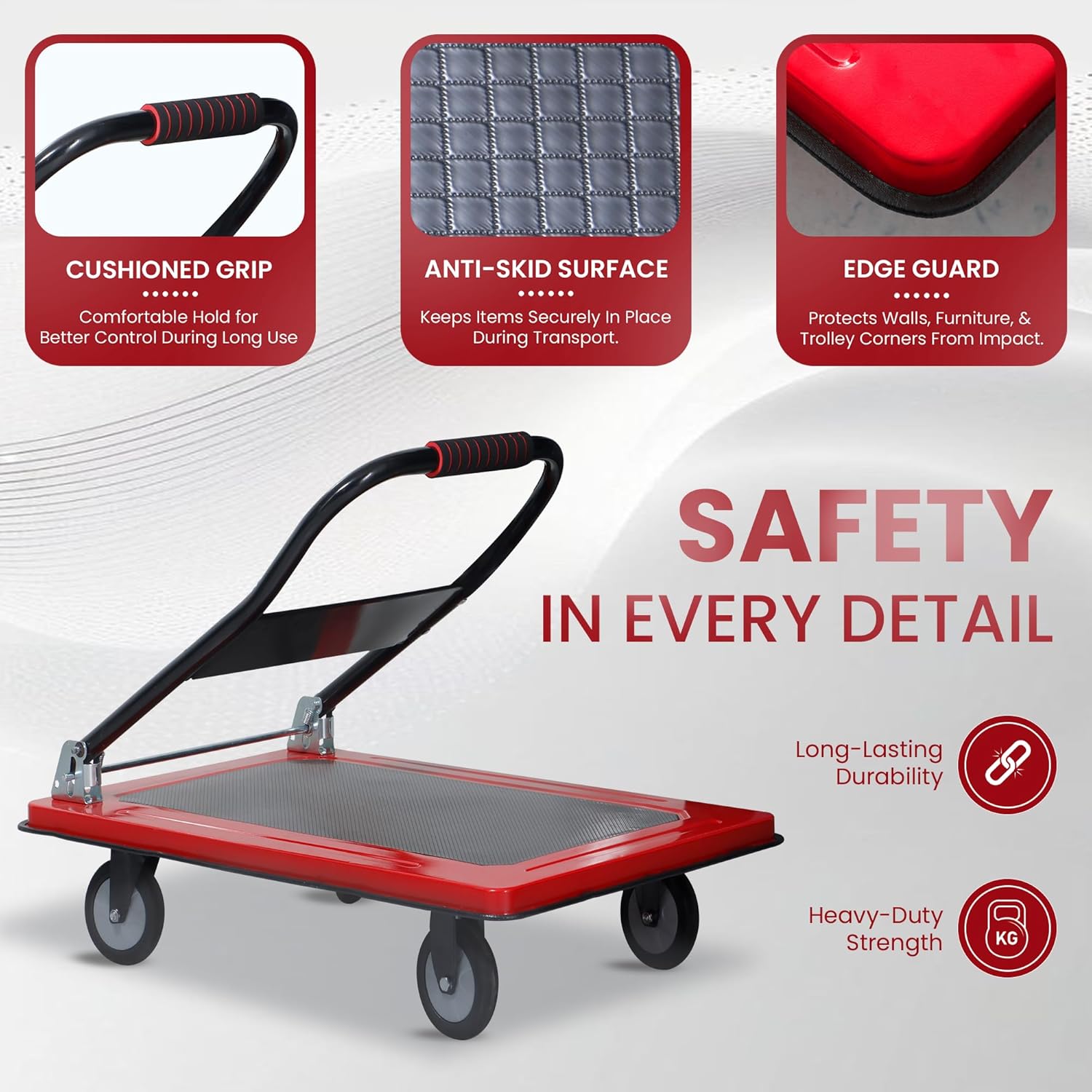 Heavy duty strength Red Trolley with cushioned grip and edge guard