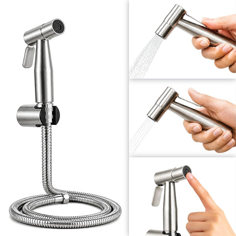 Stainless Steel High Pressure Health Faucet Jet Spray Gun For Toilet With 1.2 Meter Hose & Wall Holder (Silver) | Rust-Proof | Leakproof Hand Flush Gun For Toilet, Bathroom Cleaning