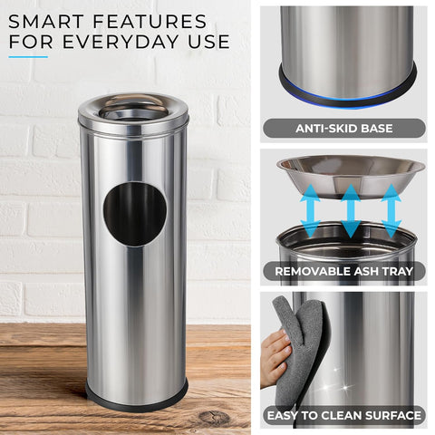 Stainless Steel Ash Tray Dustbin | Dual-Purpose Ash Can with Removable Ashtray & Anti-Skid Base | Corrosion-Resistant Trash Bin for Kitchen, Bathroom & Commercial Use