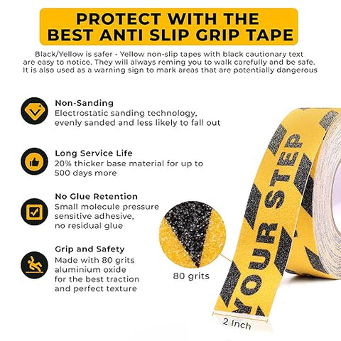 Robustt Watch Your Step Anti Skid/Anti Slip Tape Fall Resistant with PET Material and Solvent Acrylic Adhesive Tape for Slippery Floors, Staircase, Ramps, Indoor, Outdoor Use