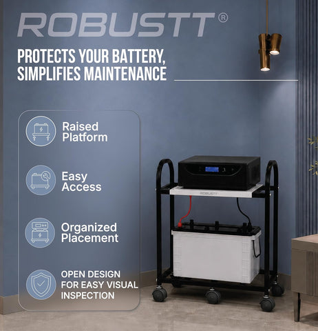 2-Tier Metal UPS Inverter Trolley for Home | Heavy-Duty Inverter Battery Stand | 100 kg Load Capacity | 5 Plastic 360° Swivel Wheels | Black