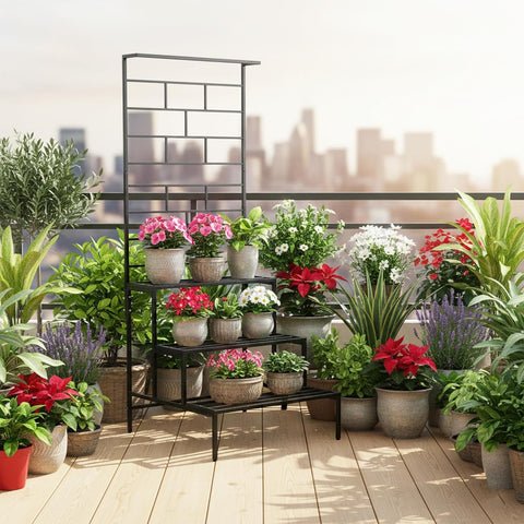 4 Tier Metal Plant Stand with Trellis & Hanging Rod | Black | Heavy Duty, Rust-Resistant Plant Rack for Indoor Living Room & Outdoor Balcony