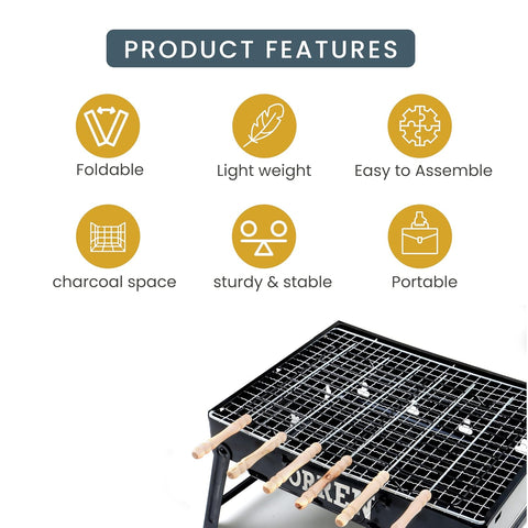 Orren Living Portable and Foldable Standing Barbeque Grill Set with 12 Skewers for Home, Picnic,Outdoor Camping,Travelling,Charcoal BBQ Tandoor Grill Set, Black