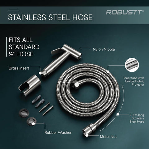Stainless Steel High Pressure Health Faucet Jet Spray Gun For Toilet With 1.2 Meter Hose & Wall Holder (Silver) | Rust-Proof | Leakproof Hand Flush Gun For Toilet, Bathroom Cleaning