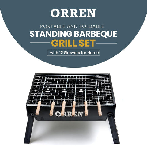 Orren Living Portable and Foldable Standing Barbeque Grill Set with 12 Skewers for Home, Picnic,Outdoor Camping,Travelling,Charcoal BBQ Tandoor Grill Set, Black