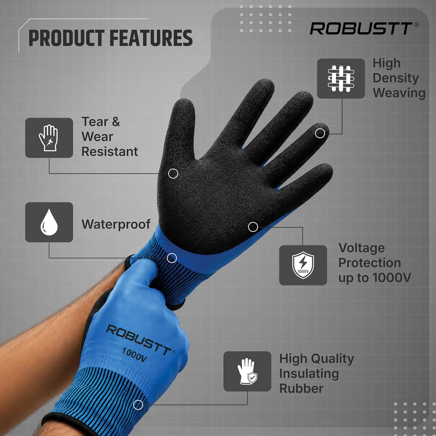 Robustt electric glove Product features- Tear & wear resistant, High quality insulating rubber