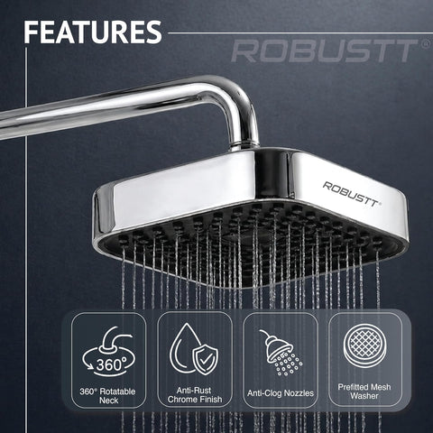 4 Inch Single Flow Overhead Shower Head for Bathroom With 7.8” Shower arm | 360° Rotatable Neck | Anti-Rust Chrome Finish ABS Body | Anti-Clog Easy Clean Silicone Nozzles bath shower