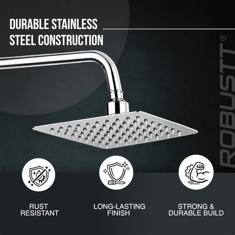 6x6" High Pressure Overhead Shower Head for Bathroom With 7.8” Shower arm | 360° Rotatable Neck | Anti-Rust Chrome Finish ABS Body | Anti-Clog Easy Clean Silicone Nozzles Bath Shower