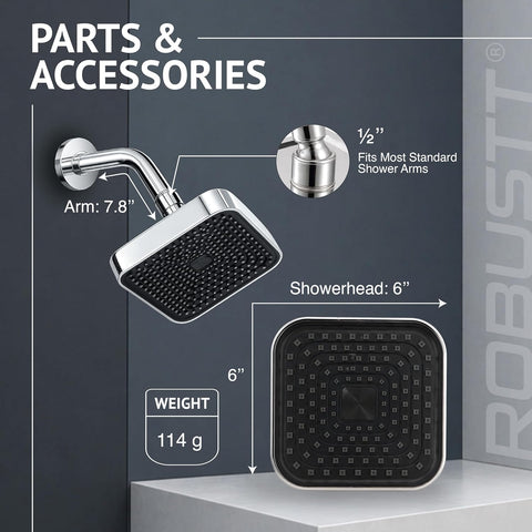 6 Inch Single Flow Overhead Shower Head for Bathroom With 7.8” Shower arm | 360° Rotatable Neck | Anti-Rust Chrome Finish ABS Body | Anti-Clog Easy Clean Silicone Nozzles bath shower
