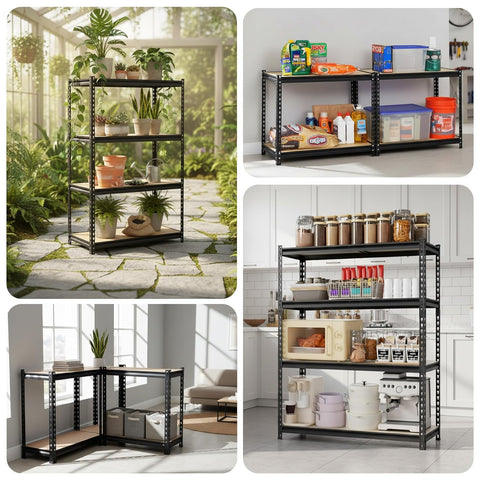 Robustt 4-Tier Multipurpose Storage Rack | Bolt-Free Assembly | Galvanized Metal | Thick MDF Board | 175kg Capacity Per Shelf | 54 x 24 x 12 Inches Adjustable Shelf Rack for Home, Garage & Shop | Black