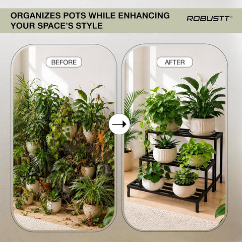 Robustt Set of 3 Metal Balcony Plant Stands for Outdoor Plants Big Size | Rustproof Matte Powder-Coated Garden Stands for Pots | Adjustable Feet | Garden Stands for Pots in Balcony & Terrace