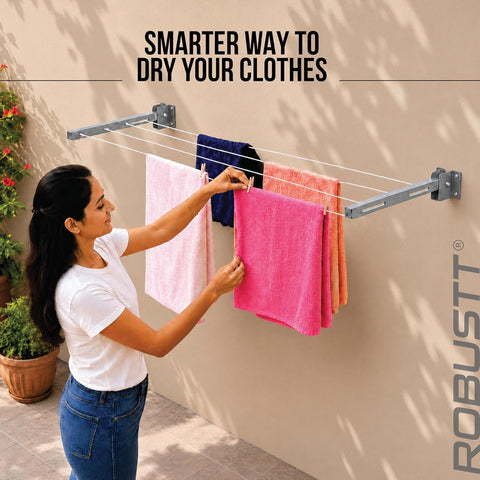 Wall Mounted Clothes Drying Stand | Heavy-Duty Foldable Powder Coated Metal Arms Cloth Dryer Rack | Space Saving Laundry Hanger for Balcony, Bathroom, Terrace