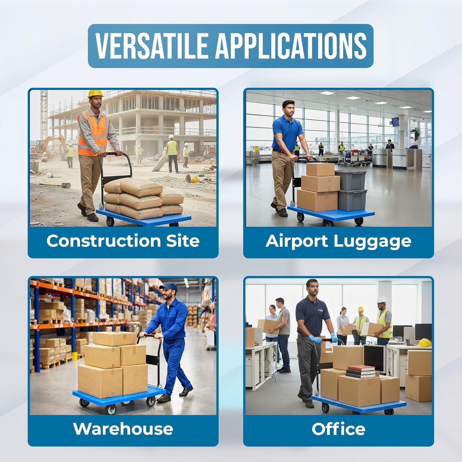 Trolley used at construction site, airport luggage, warehouse & office.
