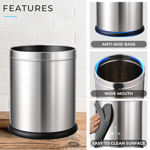 Stainless Steel Open Top Dustbin | Silver Trash Can with Anti-skid Base | For Bathroom, Bedroom, Kitchen & Toilet or Commericial Use