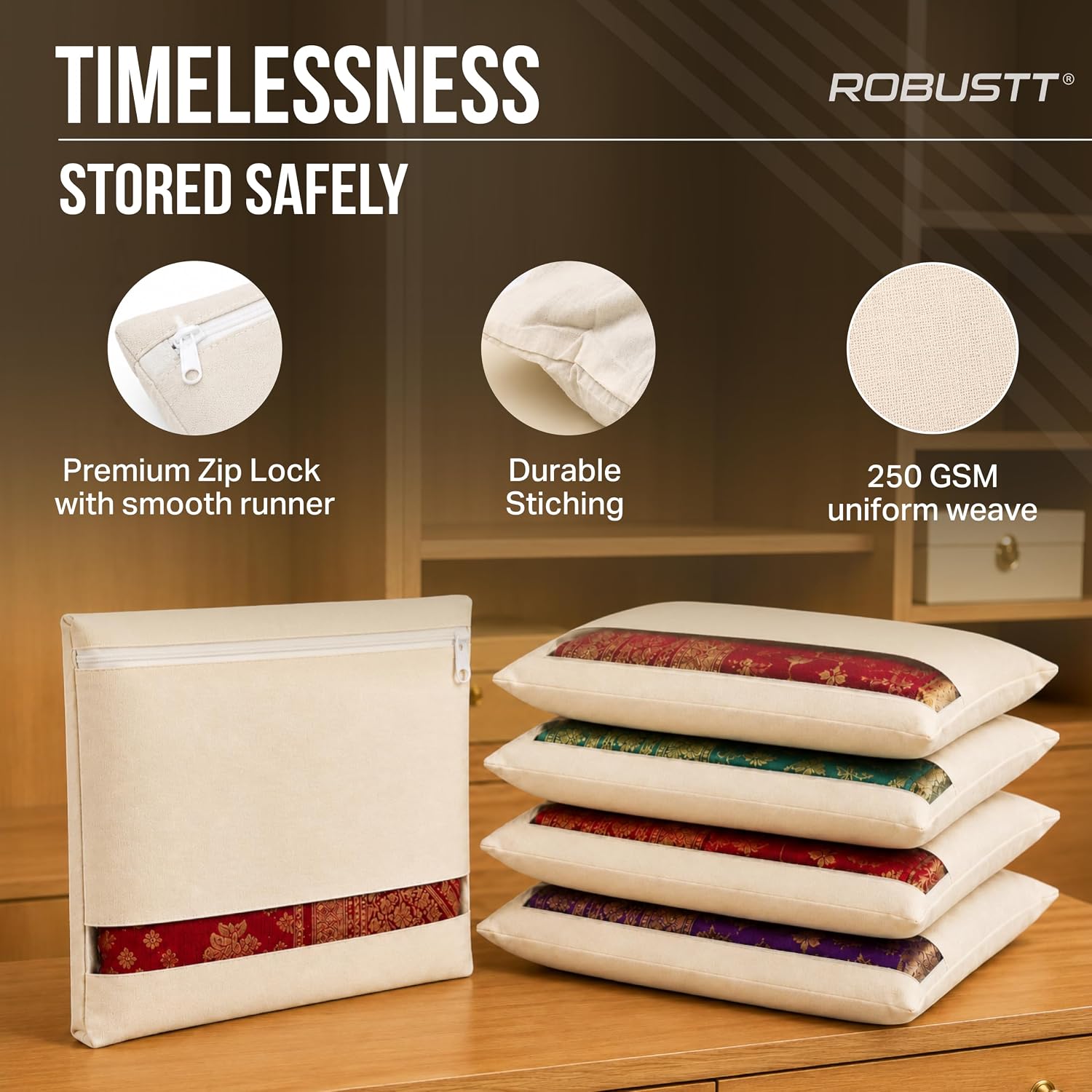 Robustt Saree stroge bags with 250 GSM uniform weave, durable stiching & Premium zip lock