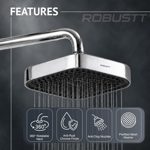 6 Inch Single Flow Overhead Shower Head for Bathroom With 7.8” Shower arm | 360° Rotatable Neck | Anti-Rust Chrome Finish ABS Body | Anti-Clog Easy Clean Silicone Nozzles bath shower