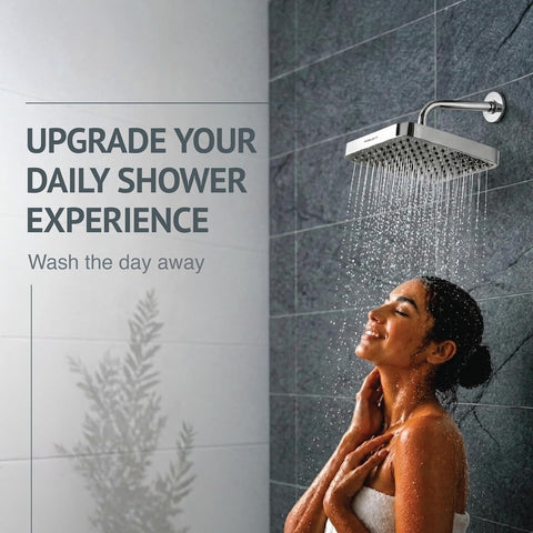 6 Inch Single Flow Overhead Shower Head for Bathroom With 7.8” Shower arm | 360° Rotatable Neck | Anti-Rust Chrome Finish ABS Body | Anti-Clog Easy Clean Silicone Nozzles bath shower