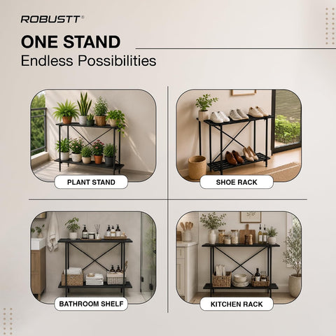 2-Tier Metal Plant Stand | 35x10 Inch | 100kg Capacity | Heavy Duty Garden Stand for Pots with X-Shaped Support | Rustproof Coating, Adjustable Feet | Indoor & Outdoor Balcony Garden Display