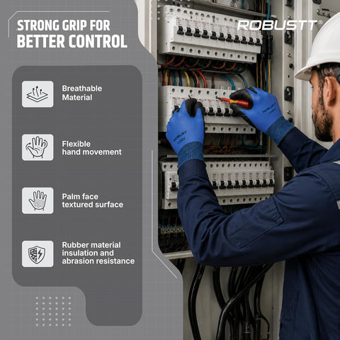 Electrician in blue gloves working on an electrical panel; ad lists grip, breathability, flexibility, and abrasion resistance features.
