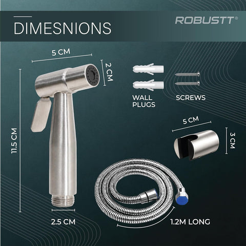 Stainless Steel High Pressure Health Faucet Jet Spray Gun For Toilet With 1.2 Meter Hose & Wall Holder (Silver) | Rust-Proof | Leakproof Hand Flush Gun For Toilet, Bathroom Cleaning