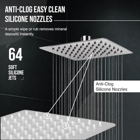 High Pressure Shower Head for Bathroom Overhead with 64 Anti Clog Silicone Nozzles | 6x6in Square Bathroom Shower Head, 360° Swivel, Easy Clean, Rust Resistant Chrome Finish