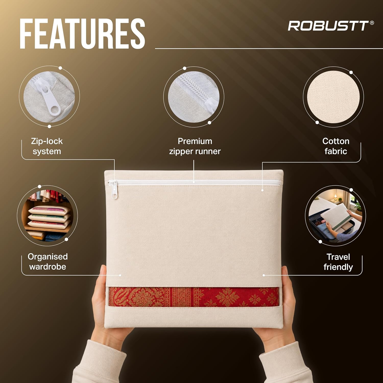 Features of Robustt Saree cover - cotton fabric, zip lock system, travel friendly 