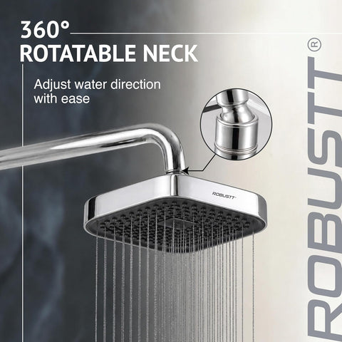 6 Inch Single Flow Overhead Shower Head for Bathroom With 7.8” Shower arm | 360° Rotatable Neck | Anti-Rust Chrome Finish ABS Body | Anti-Clog Easy Clean Silicone Nozzles bath shower