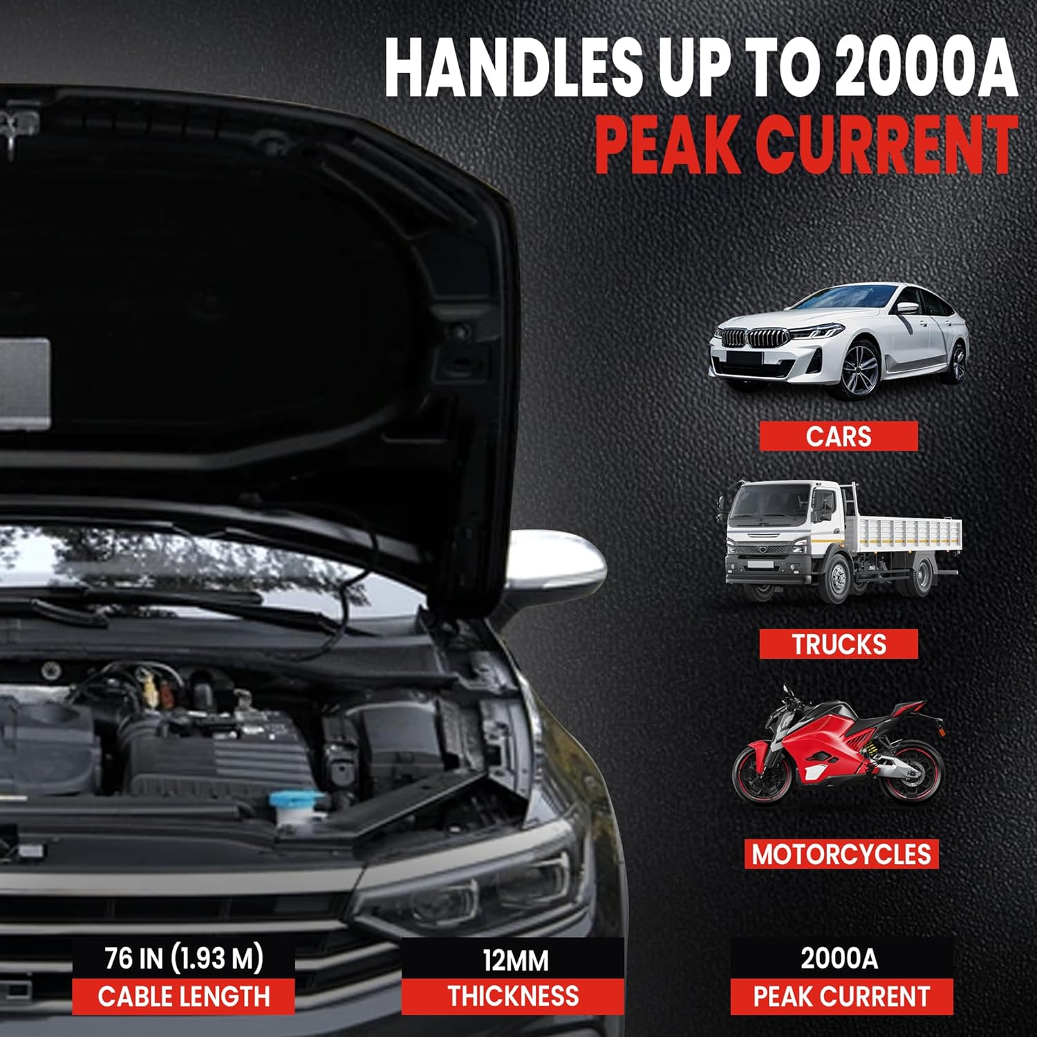 Heavy Duty 2000Amp Jumper Cables for Car Battery