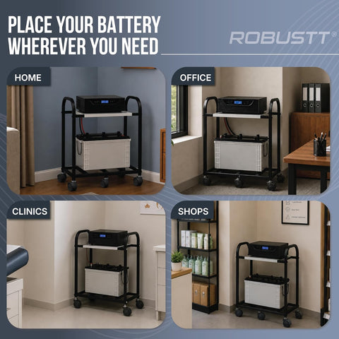 2-Tier Metal UPS Inverter Trolley for Home | Heavy-Duty Inverter Battery Stand | 100 kg Load Capacity | 5 Plastic 360° Swivel Wheels | Black