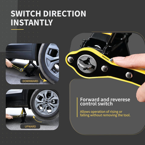 Labor Saving 13 Inch Car Jack Ratchet Wrench| 360° Forward & Reverse Knob| Conversion Head Included | Curve Handle Car Lift Tool For Scissors Jack | Heat-Treated Steel Ratchet Lug Wrench